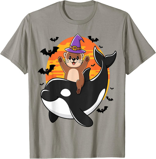Spooky Sea Adventure Witchy Otter Riding Orca Halloween Kids T-Shirt - T-Shirt | Sand