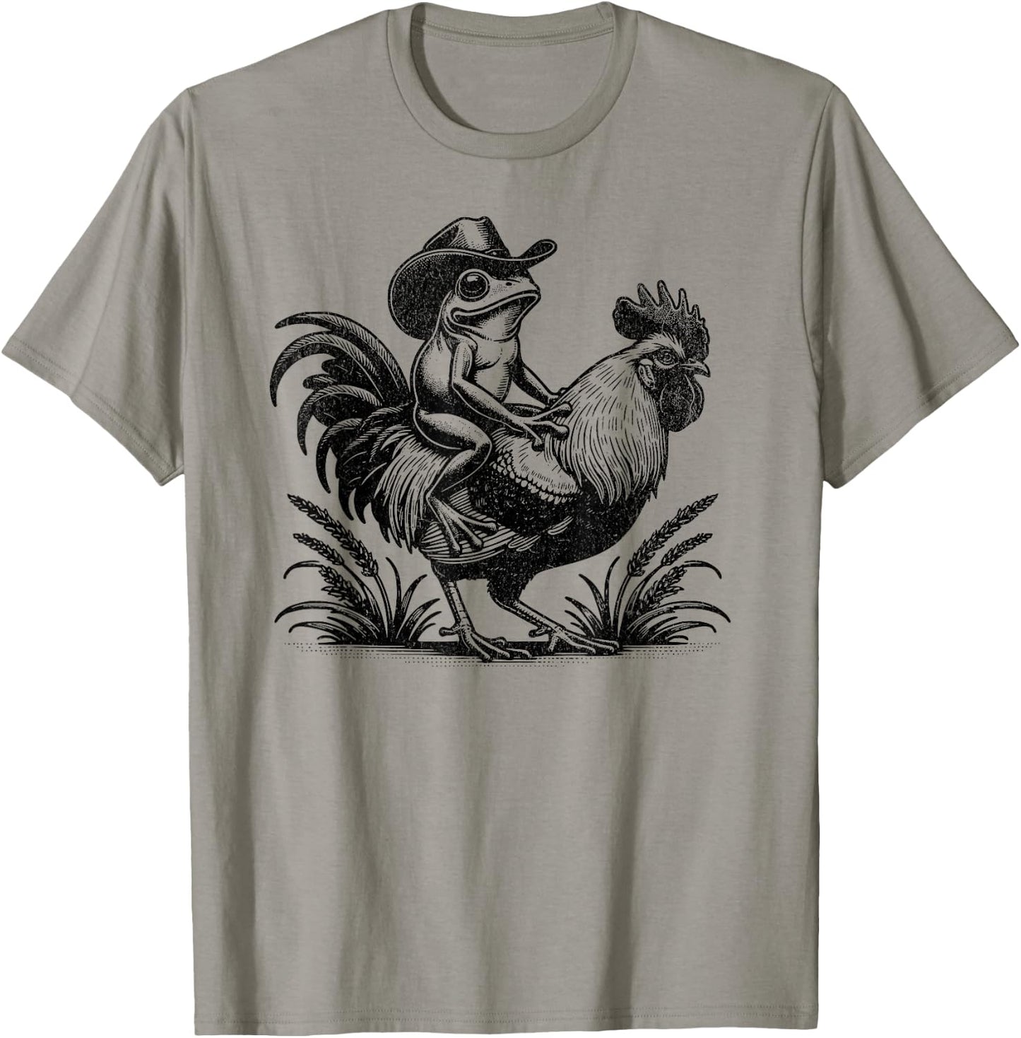 Funny Frog With Cowboy Hat Riding Rooster Country Life T-Shirt - T-Shirt | Sand