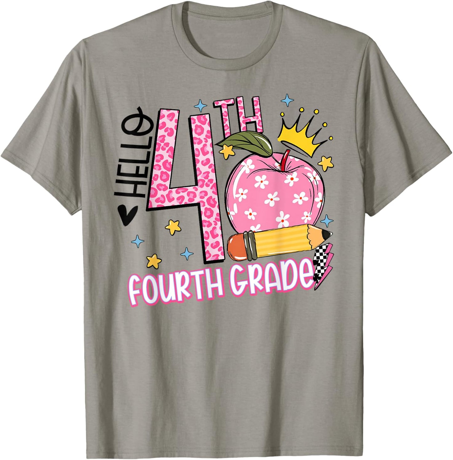 Hello 4th Fourth Grade Back To School Teacher Pink Leopard Women Girls Kids T-Shirt - T-Shirt | Sand