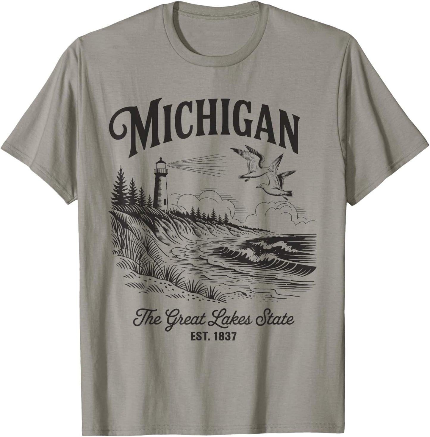Michigan Lighthouse Waves Scene The Great Lakes State Nature T-Shirt - T-Shirt | Sand