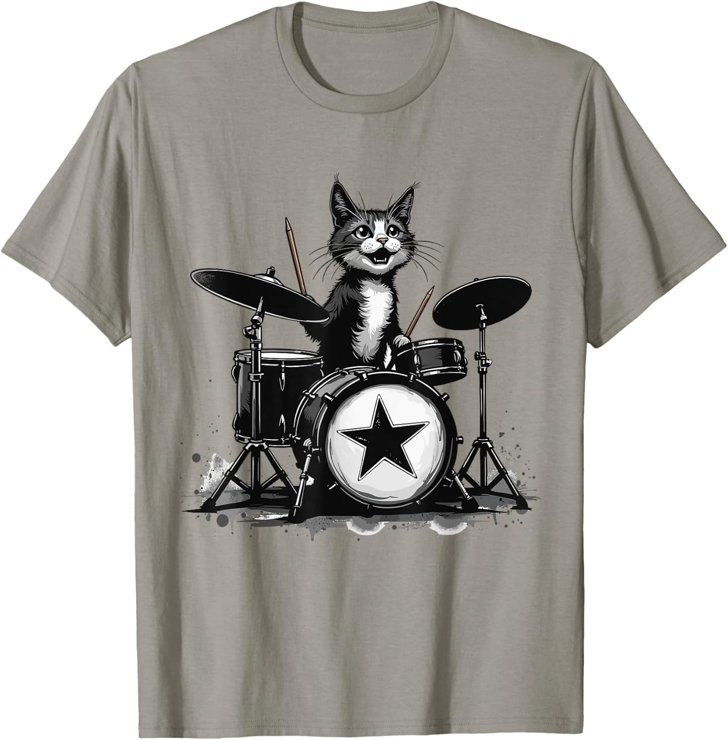 Punk Rockstar Kitten Kitty Cat Drummer Playing Drums Graphic T-Shirt - T-Shirt | Sand