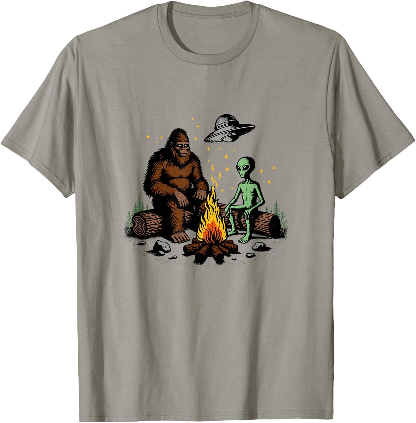 Bigfoot And Alien Campfire Gifts For Outdoor Lovers T-Shirt - T-Shirt | Sand