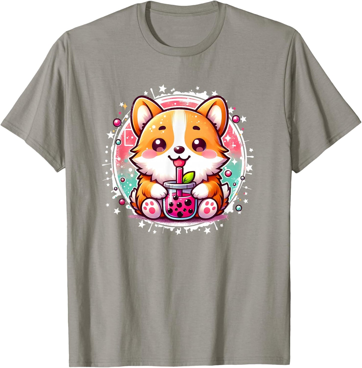 Cute Kawaii Stuff Corgi Dog Drinks Boba Bubble Tea Anime - Pink, Small, , Short Sleeve, Anime Themed Corgi Dog T-Shirt - T-Shirt | Sand
