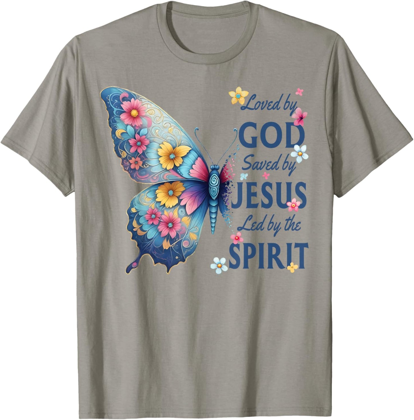 Loved by God Saved by Jesus Floral Butterfly Christian T-Shirt - T-Shirt | Sand