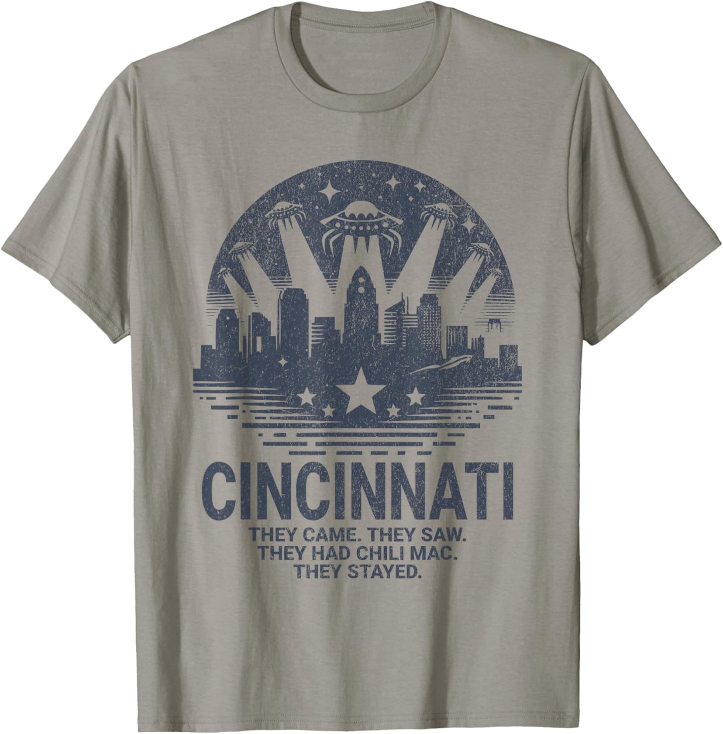 Funny Cincinnati OH City Skyline UFO Chili Mac Cincinnati T-Shirt - T-Shirt | Sand
