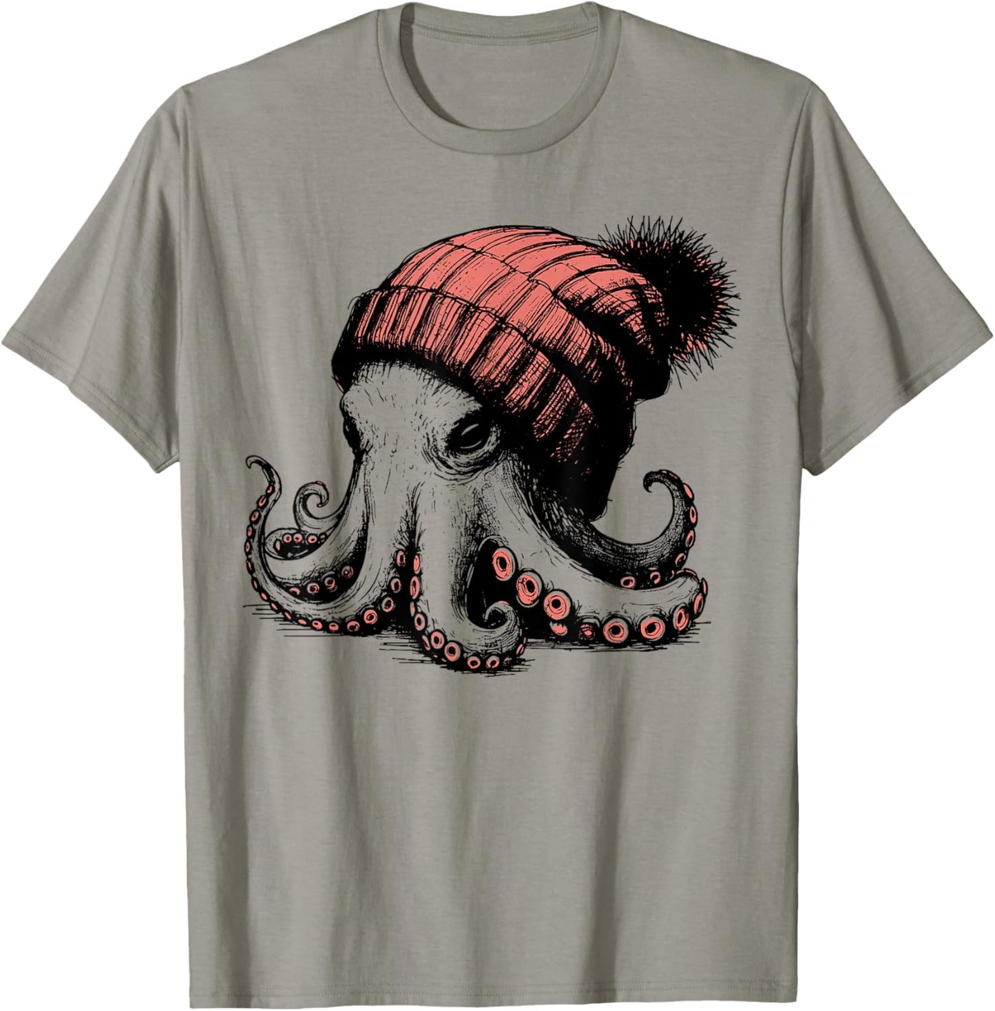 Octopus Wearing Beanie Retro Graphic Funny Vintage T-Shirt - T-Shirt | Sand