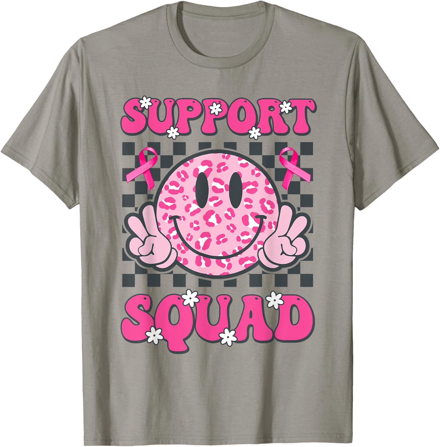 Support Squad Breast Cancer Awareness Smile Face Pink Ribbon T-Shirt - T-Shirt | Sand