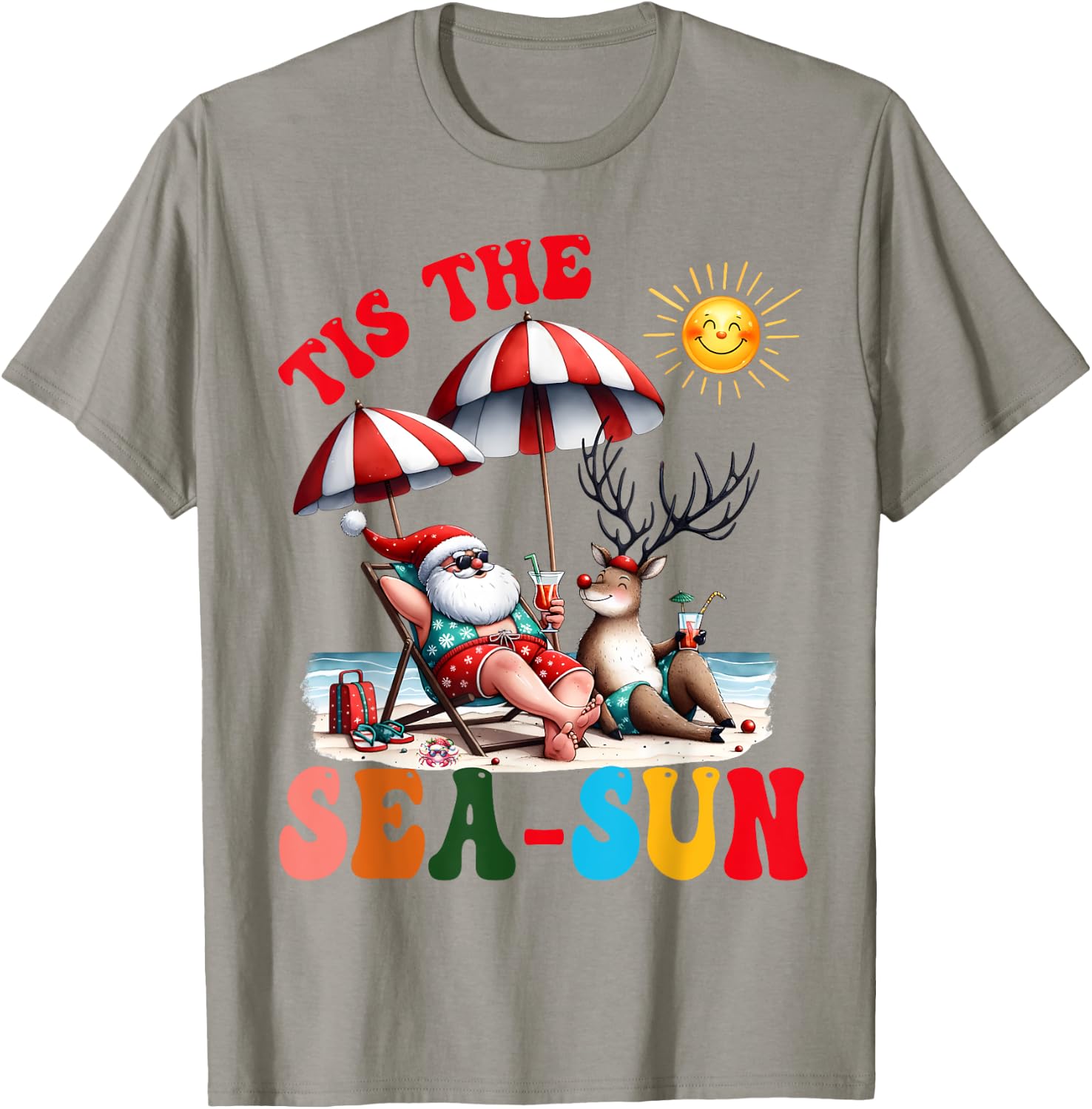Funny Santa Tis the Sea-Sun Christmas Summer Reindeer Family Men Women Kids T-Shirt - T-Shirt | Sand