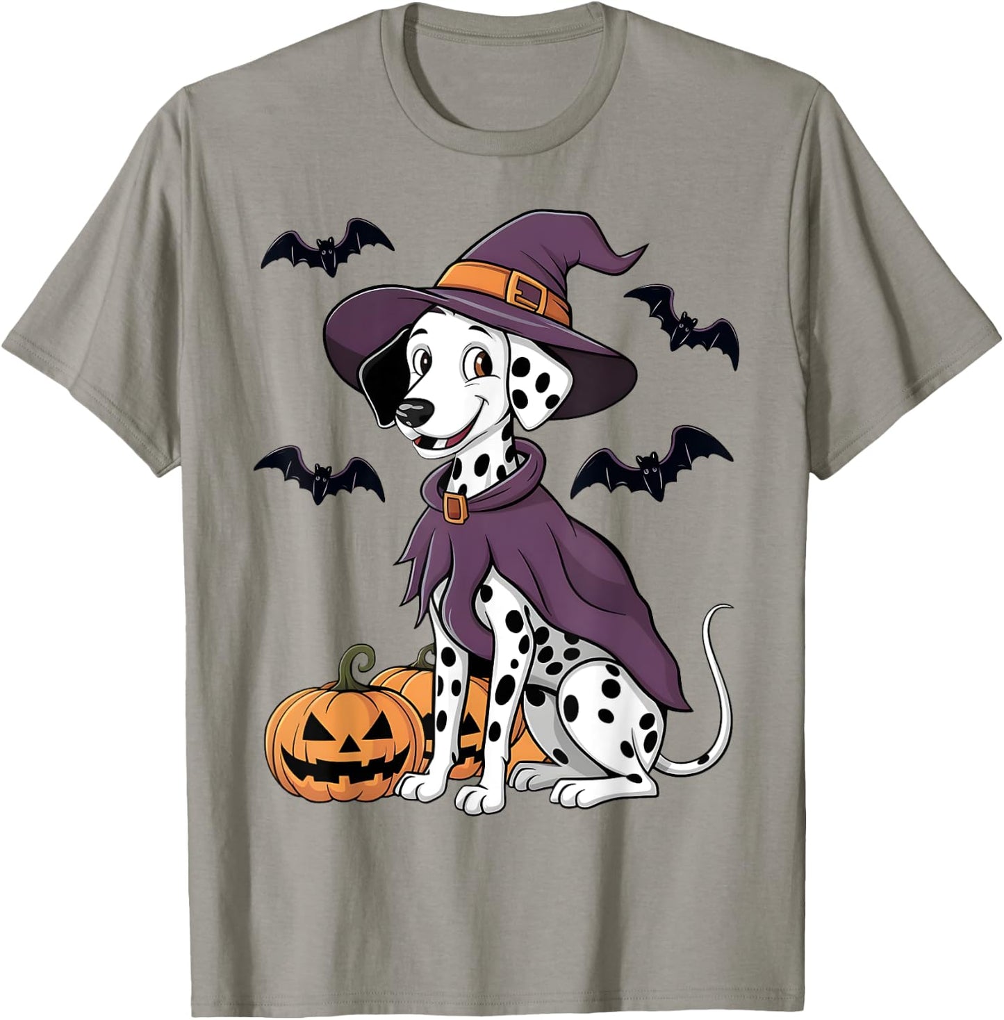 Scary Pumpkin Bat Funny Witch Hat Dalmatian Dog Halloween T-Shirt - T-Shirt | Sand