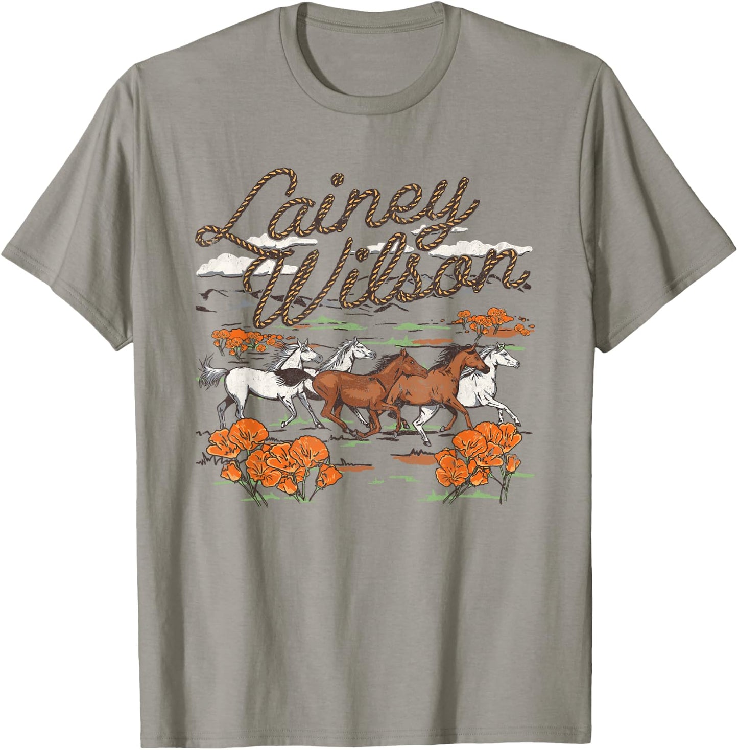 Lainey Wilson Official Wild Horses , -Adults, Grey, Small, Short Sleeve, Regular Fit, Cotton Blend T-Shirt - T-Shirt | Sand