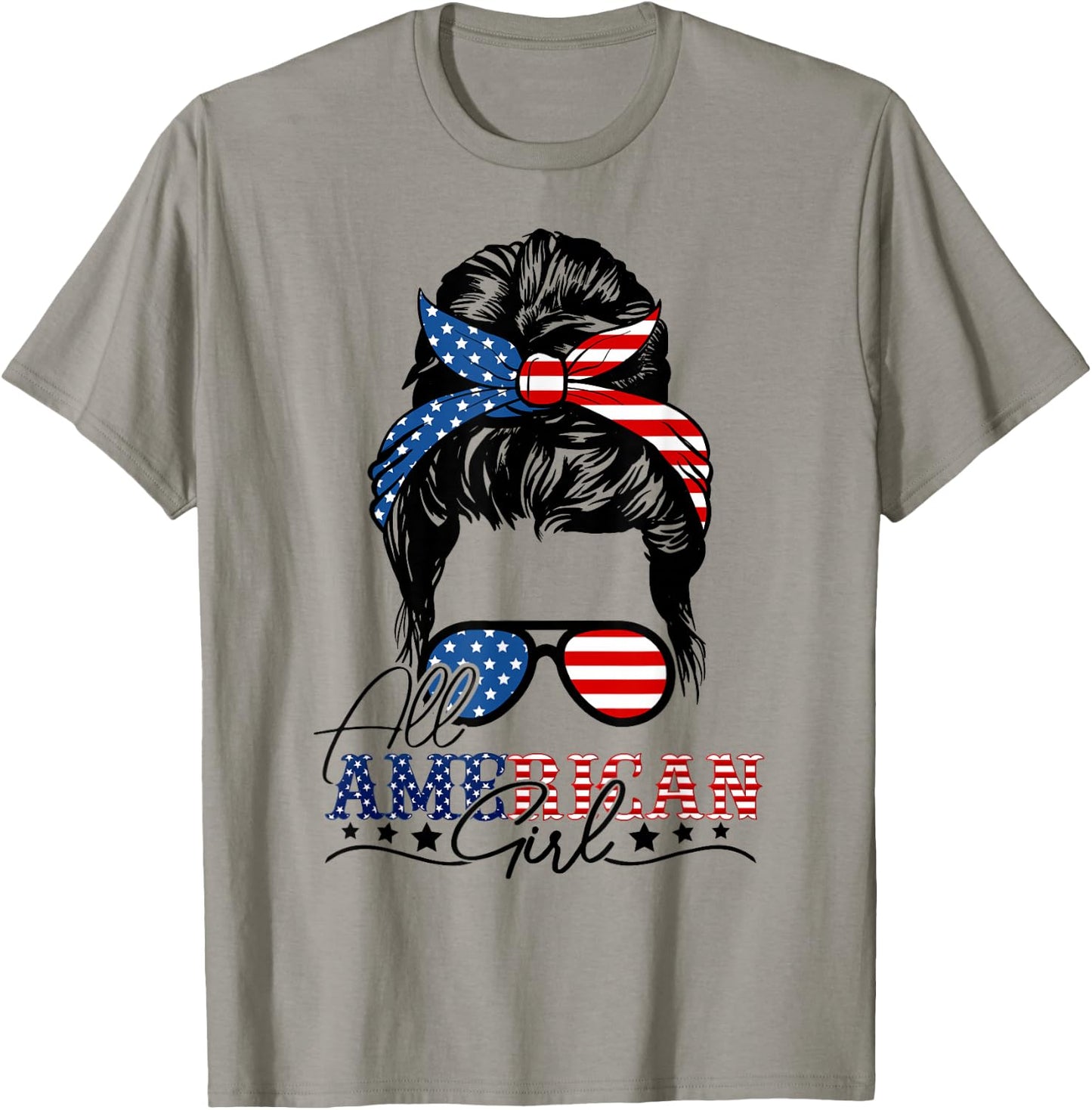 4th of July Messy Bun All American Girls USA Flag For Girls T-Shirt - T-Shirt | Sand