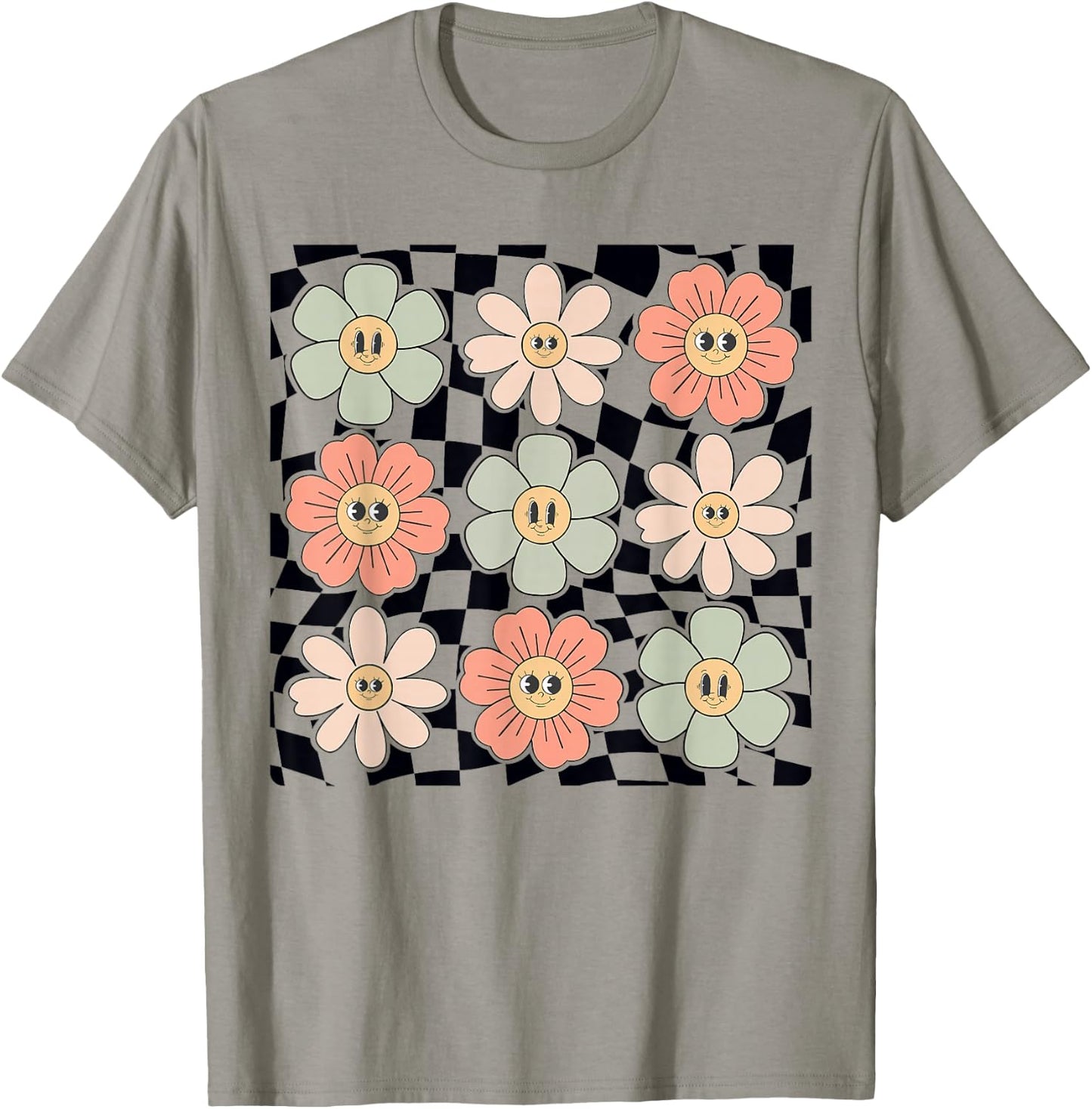 Retro Colorful Checkered Pattern Checkerboard Daisy Flowers T-Shirt - T-Shirt | Sand