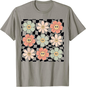 Retro Colorful Checkered Pattern Checkerboard Daisy Flowers T-Shirt - T-Shirt | Sand