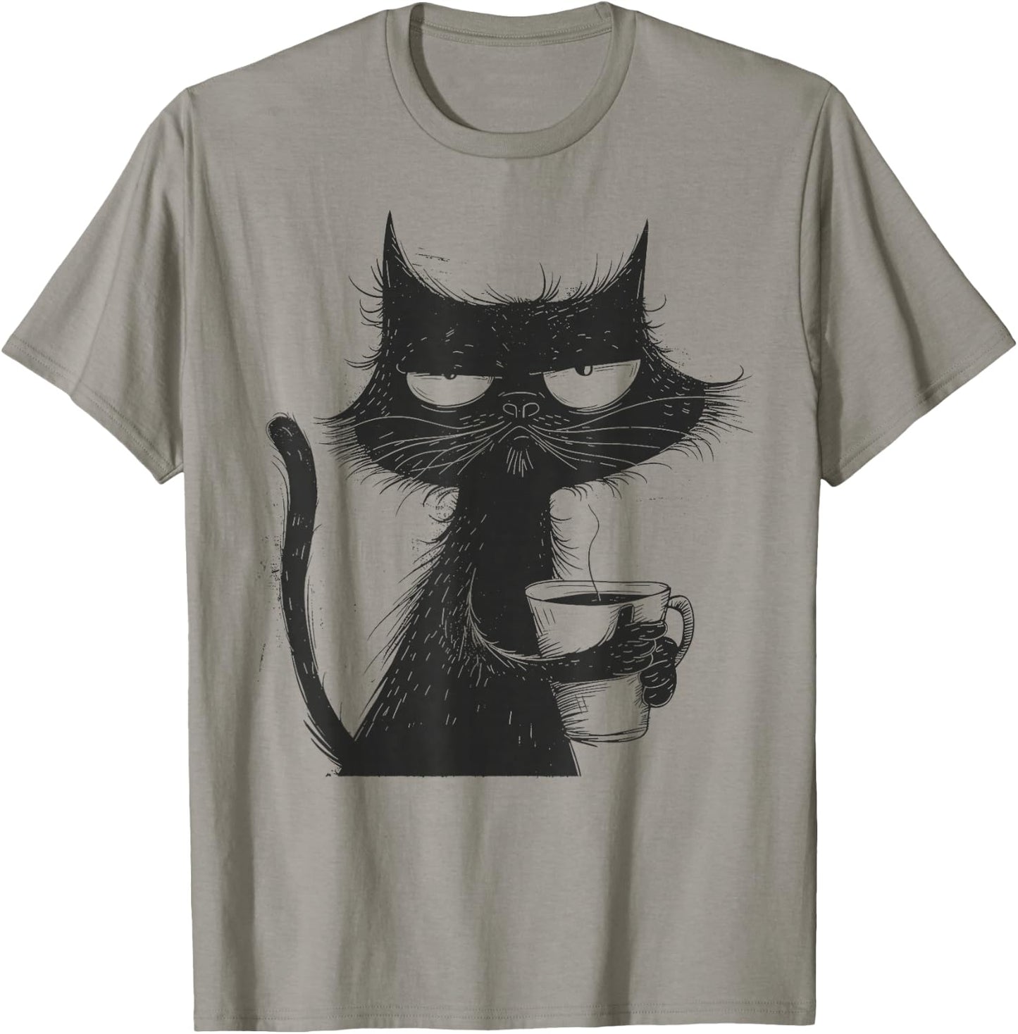 Funny Angry Cat With Coffee Mug Graphic T-Shirt - T-Shirt | Sand