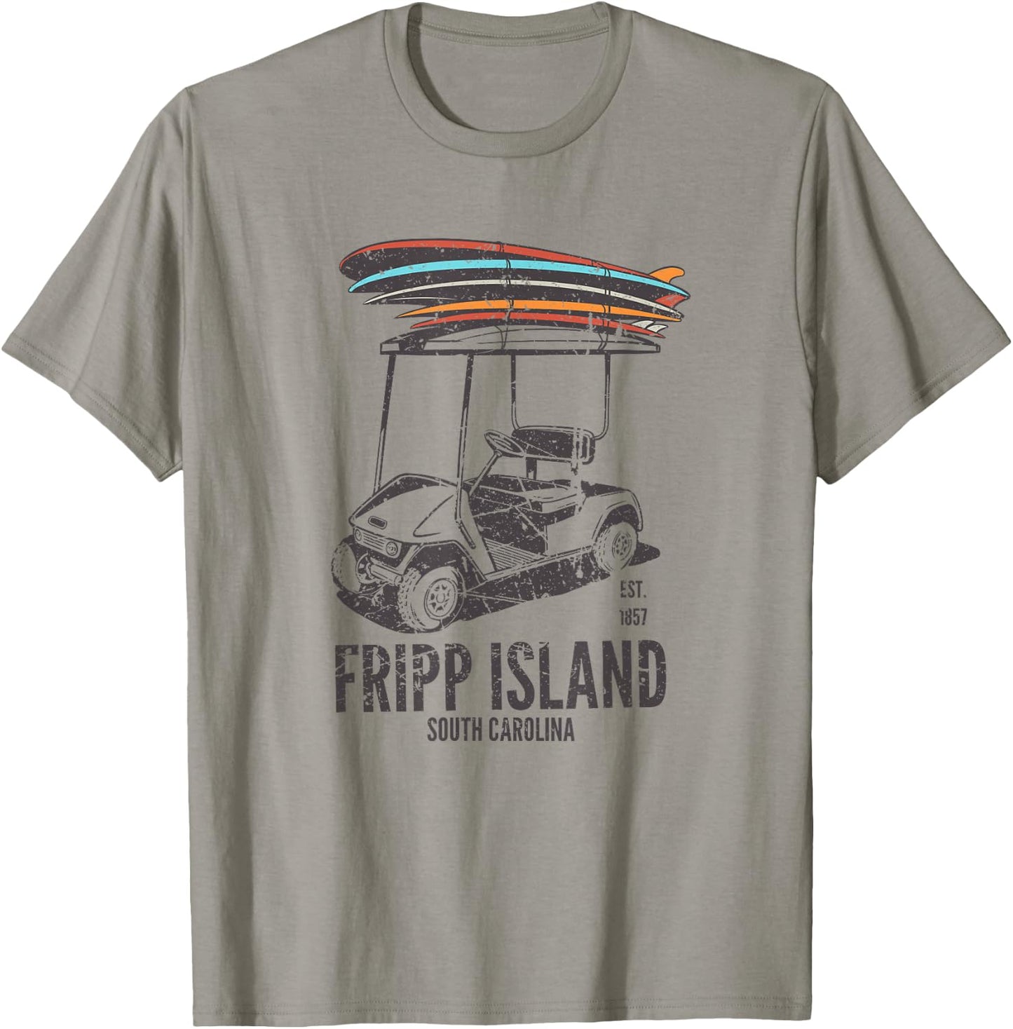 Fripp Island South Carolina Golf Cart Surfer - Lowcountry SC T-Shirt - T-Shirt | Sand
