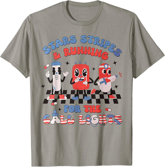 Stars And Stripes Running For Call Lights 4th Of July Nurse T-Shirt - T-Shirt | Sand