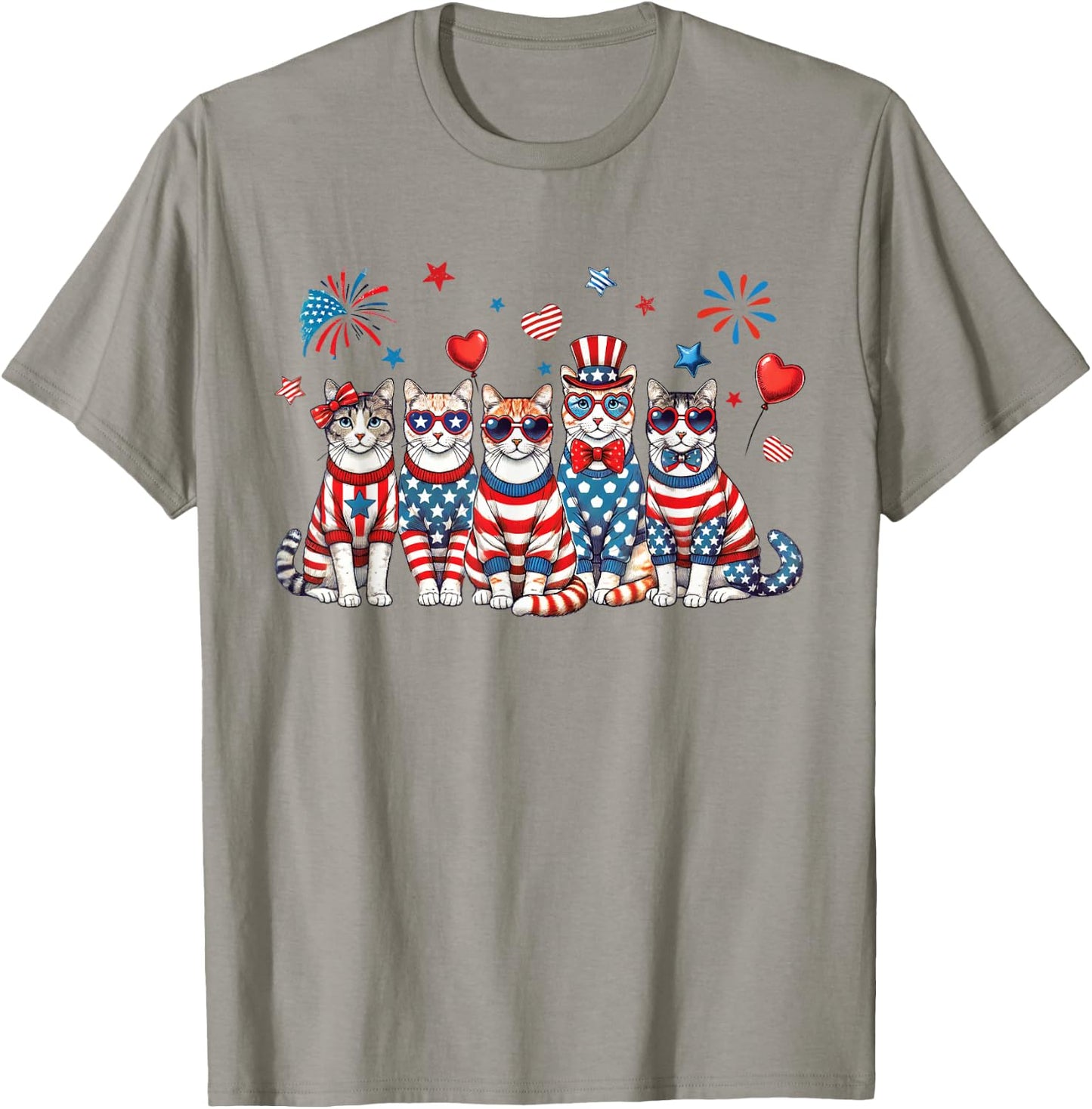 Patriotic Cats Wearing Red White Blue Glasses Fireworks USA T-Shirt - T-Shirt | Sand