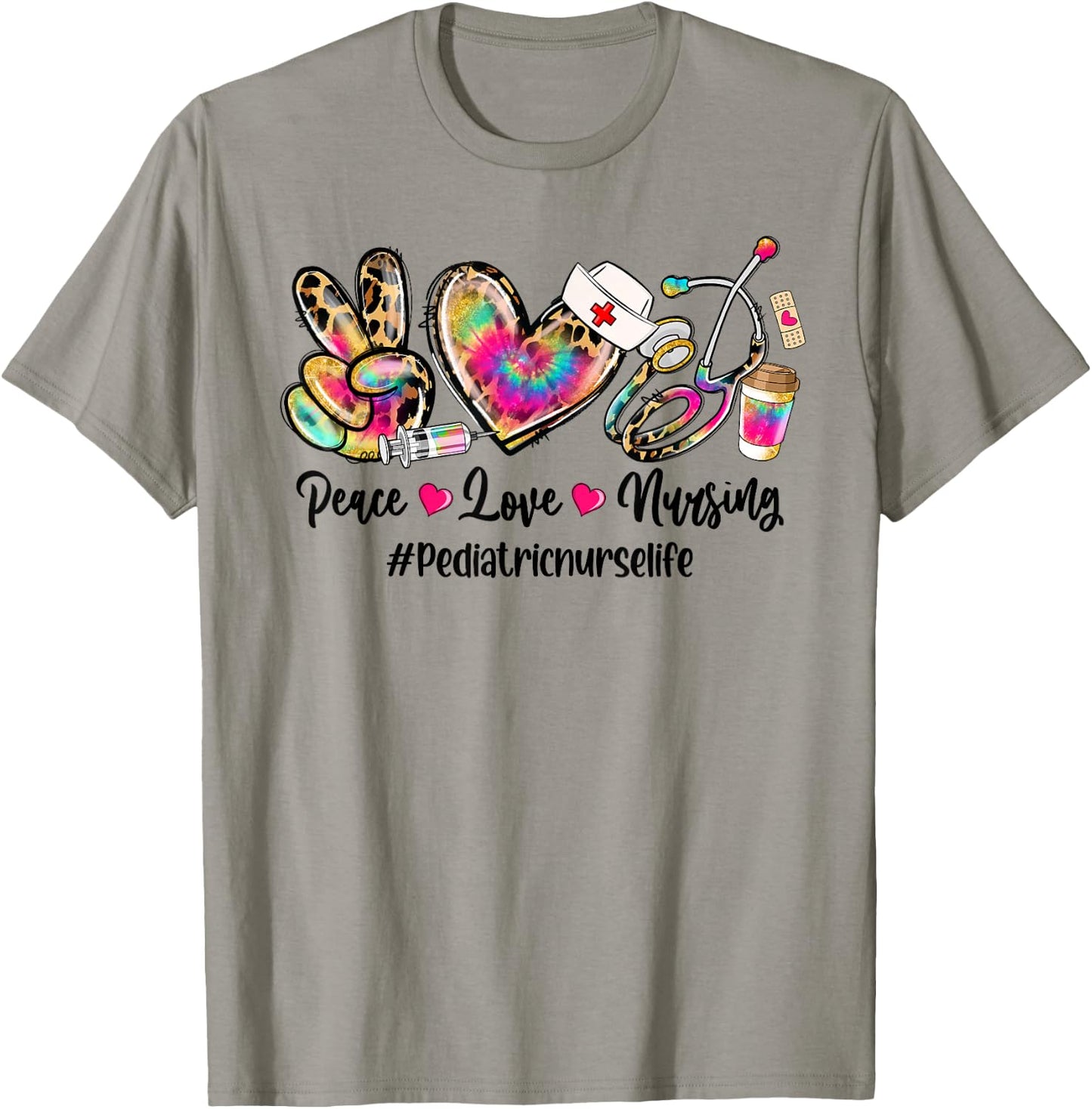 Peace Love Nursing Pediatric Nurse Life Stethoscope Tie Dye T-Shirt - T-Shirt | Sand