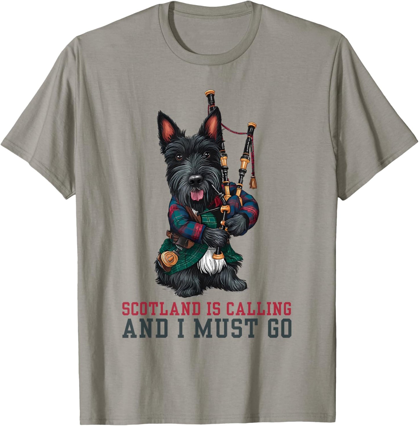 Scotland Is Calling and I Must Go Scottish Terrier Bagpipes T-Shirt - T-Shirt | Sand