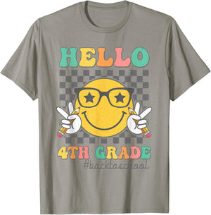 Hello 4th Grade Smile Face First Day Of School Fourth Grade T-Shirt - T-Shirt | Sand