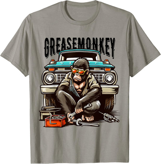 Cool Grease Monkey with Sunglasses Working on Vintage Truck T-Shirt - T-Shirt | Sand