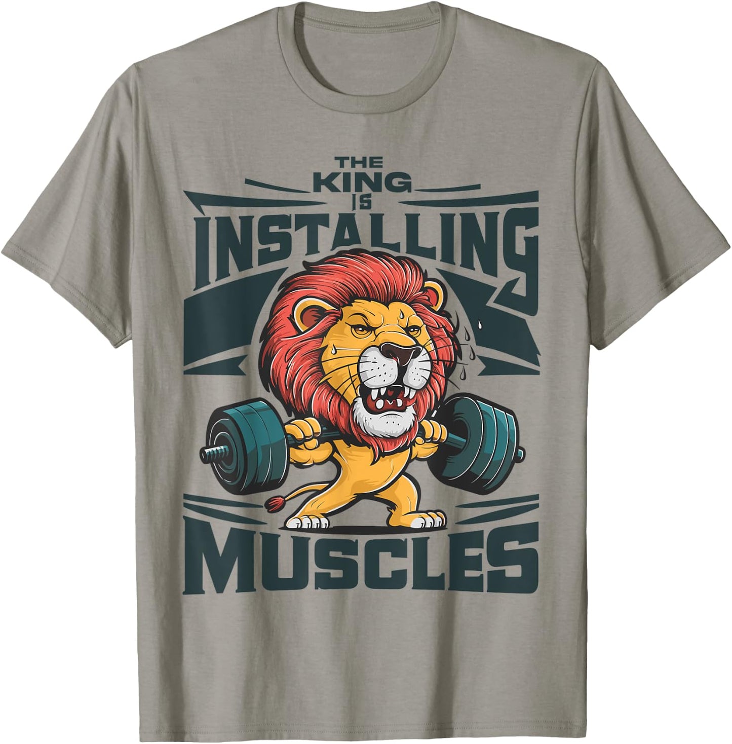 Funny Lion Installing Muscles Please Wait Lifting Barbell T-Shirt - T-Shirt | Sand