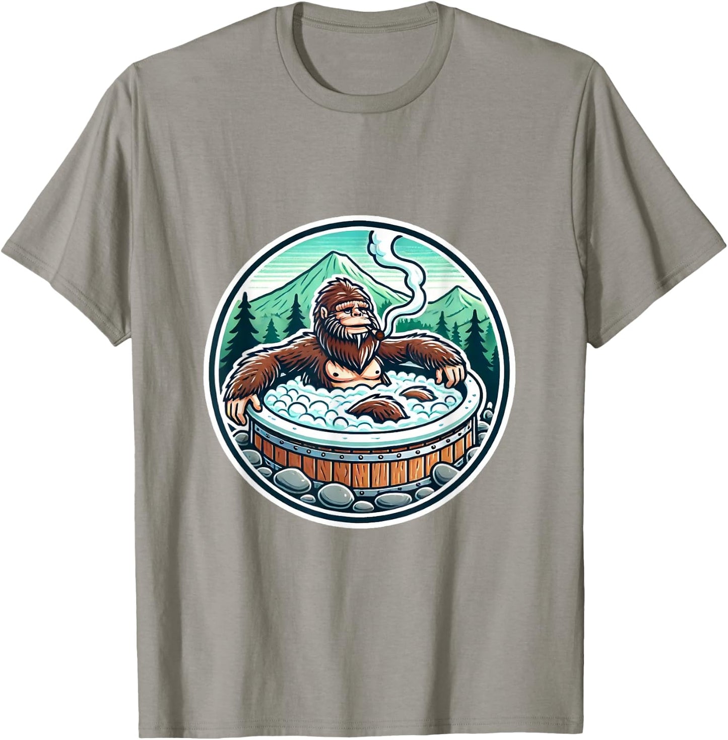 Unique Sasquatch Soaking Hot Tub Design Joke Humor T-Shirt - T-Shirt | Sand