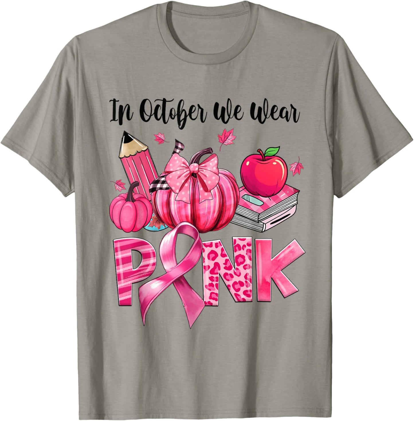 In October We Wear Pink Apple Teacher Pumpkin Breast Cancer T-Shirt - T-Shirt | Sand