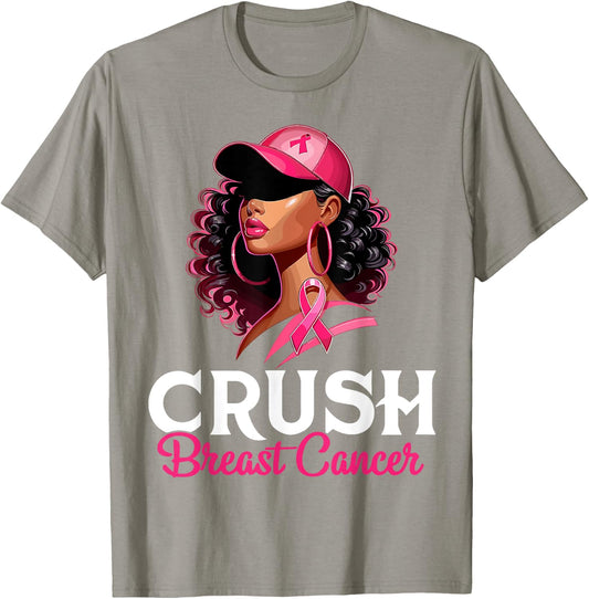 Crush Breast Cancer Awareness Black Afro Woman Pink Ribbon T-Shirt - T-Shirt | Sand