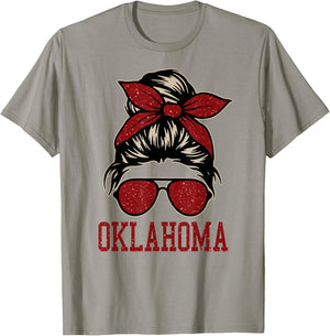 Oklahoma Women Girl Messy Bun Hair. Oklahoma US College Font T-Shirt - T-Shirt | Sand