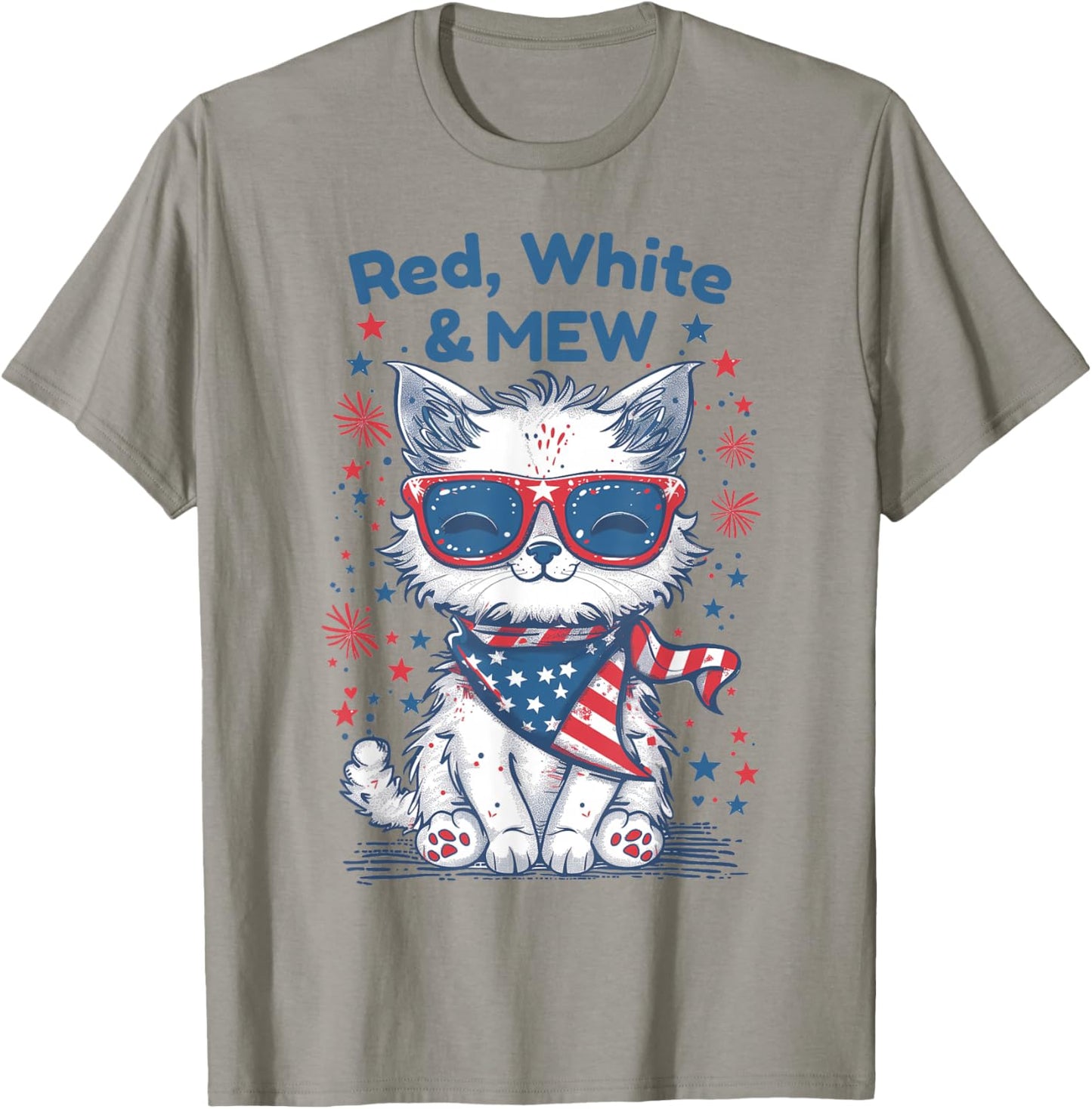 Red White and Mew Cute Patriotic Cat 4th of July Design T-Shirt - T-Shirt | Sand