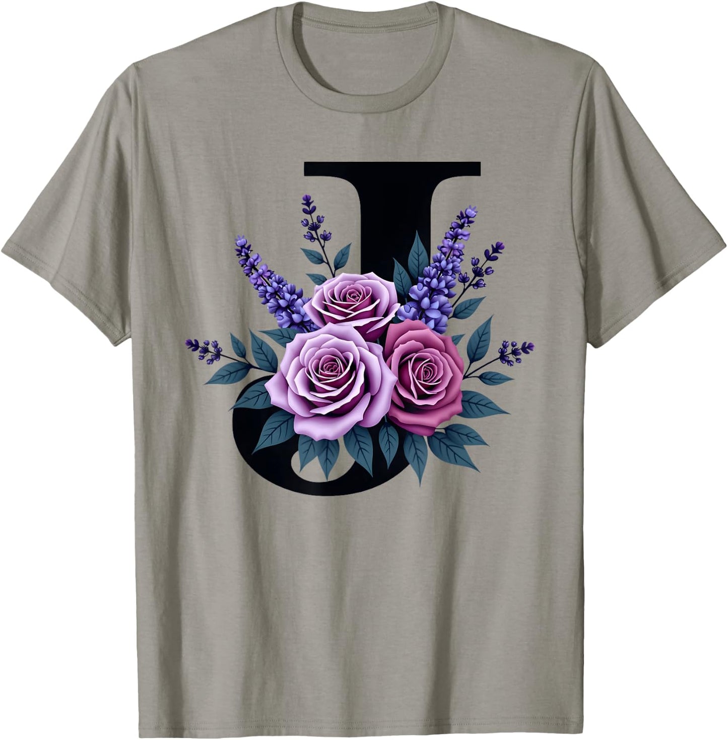 monogram initial name letter J purple roses lavender flowers T-Shirt - T-Shirt | Sand