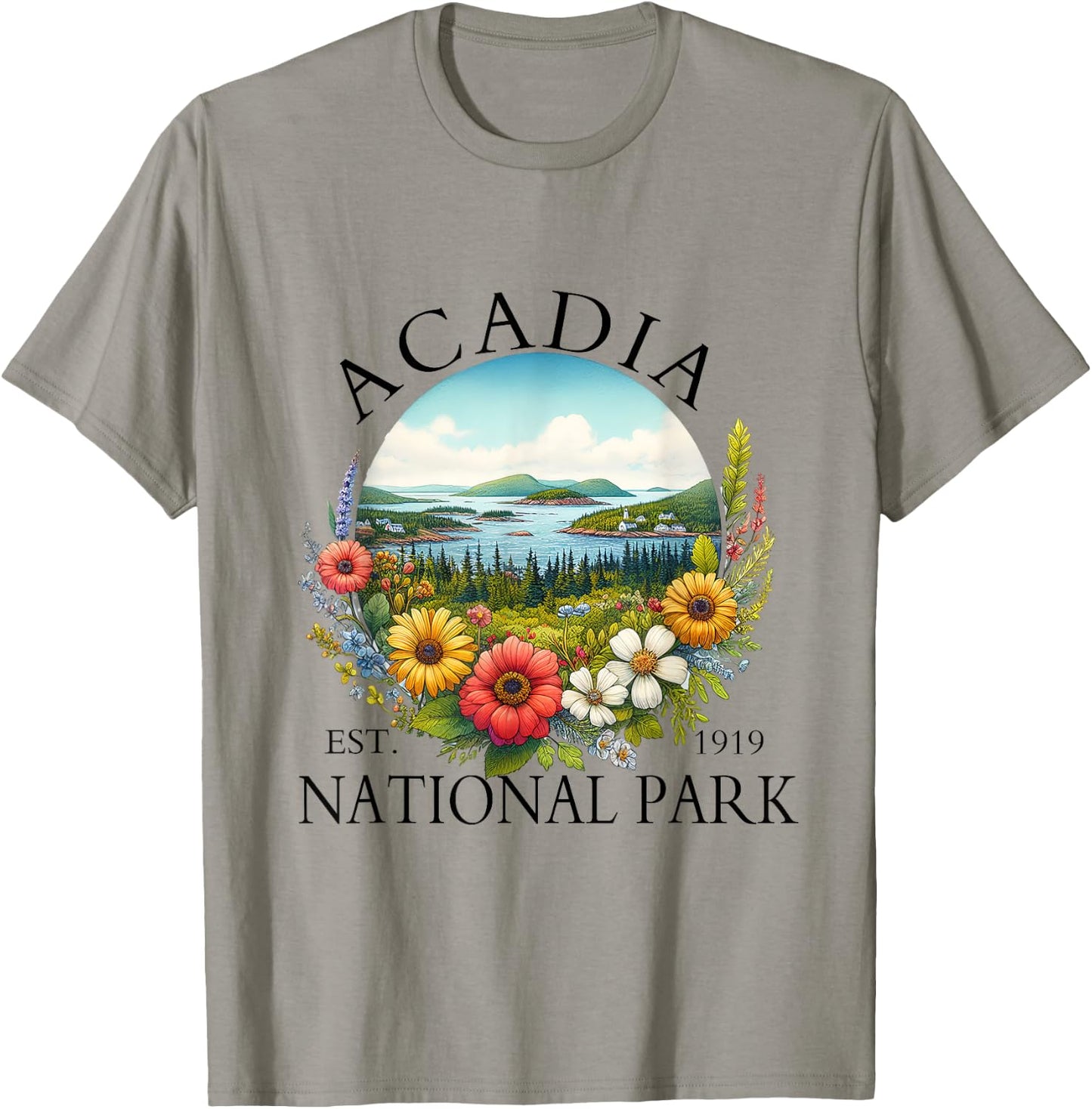 Retro Floral Acadia National Park Hiking Camping Outdoor T-Shirt - T-Shirt | Sand