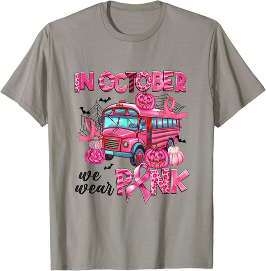 In October We Wear Pink Bus Driver Leopard Breast Cancer T-Shirt - T-Shirt | Sand