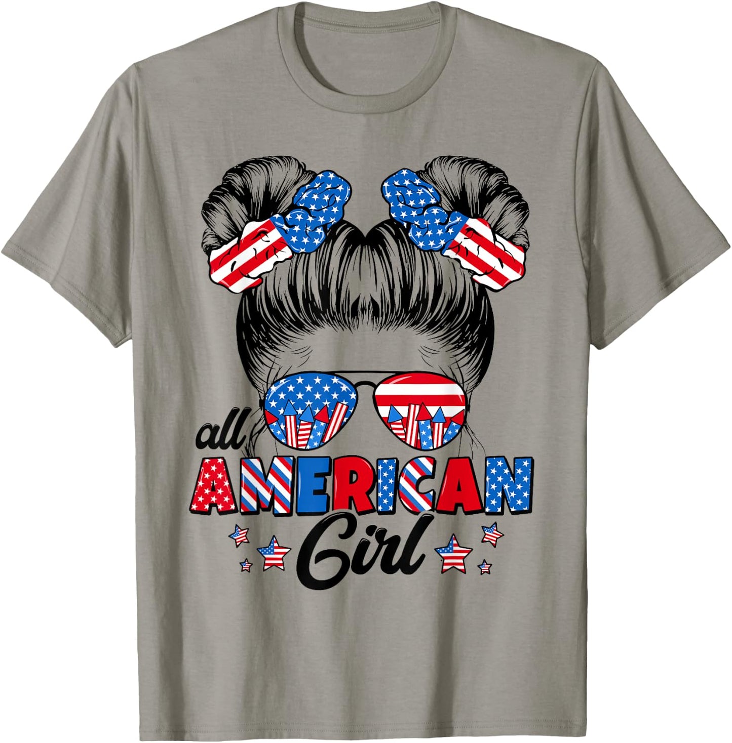 All American Funny Girl Messy Bun Patriotic 4th Of July T-Shirt - T-Shirt | Sand