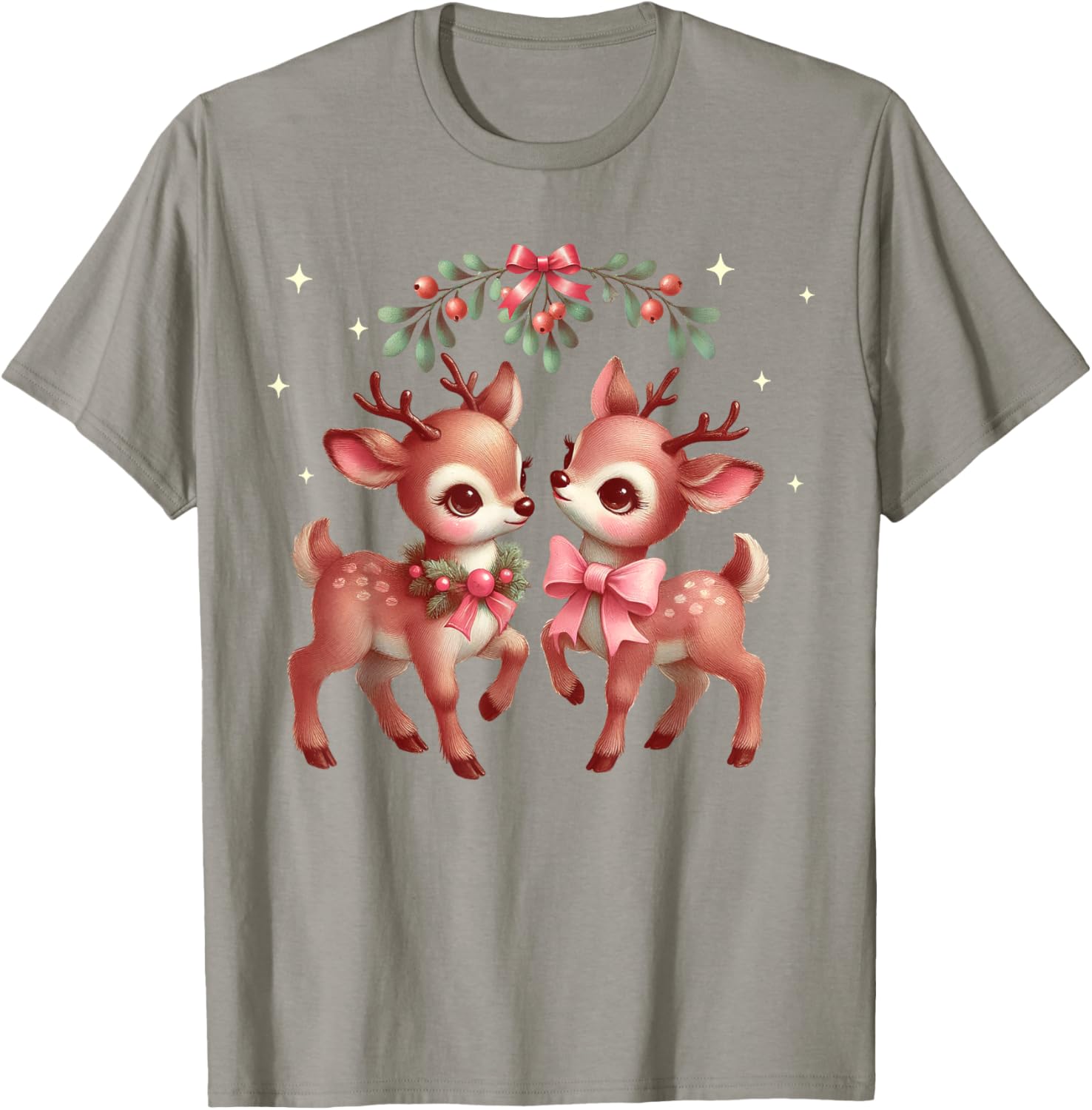 Retro Reindeer Pink Christmas Vintage Kitten Baby Deer T-Shirt - T-Shirt | Sand