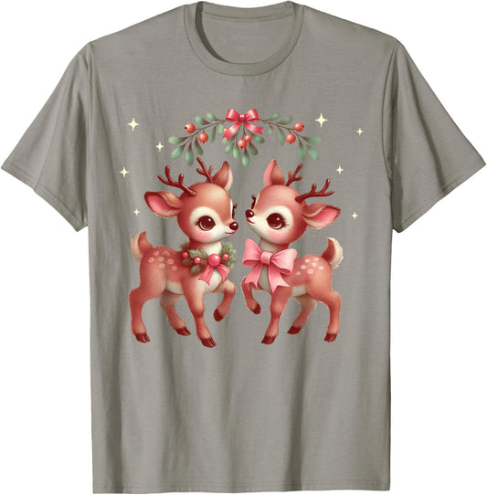 Retro Reindeer Pink Christmas Vintage Kitten Baby Deer T-Shirt - T-Shirt | Sand