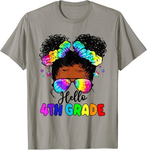 Hello 4th Grade Black Messy Bun Girls Kids Back To School T-Shirt - T-Shirt | Sand