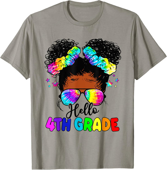 Hello 4th Grade Black Messy Bun Girls Kids Back To School T-Shirt - T-Shirt | Sand