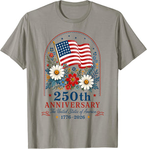 USA 250th Anniversary Floral American Flag 4th of July T-Shirt - T-Shirt | Sand