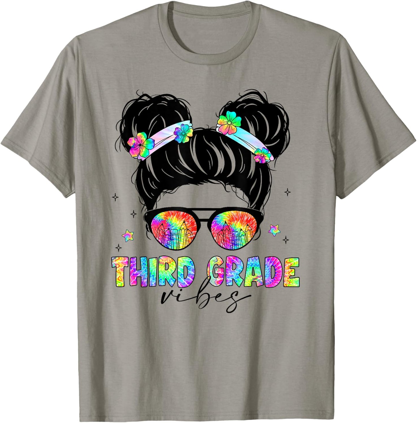 Tie Dye Messy Bun Back To School Shirt Third Grade Vibes T-Shirt - T-Shirt | Sand