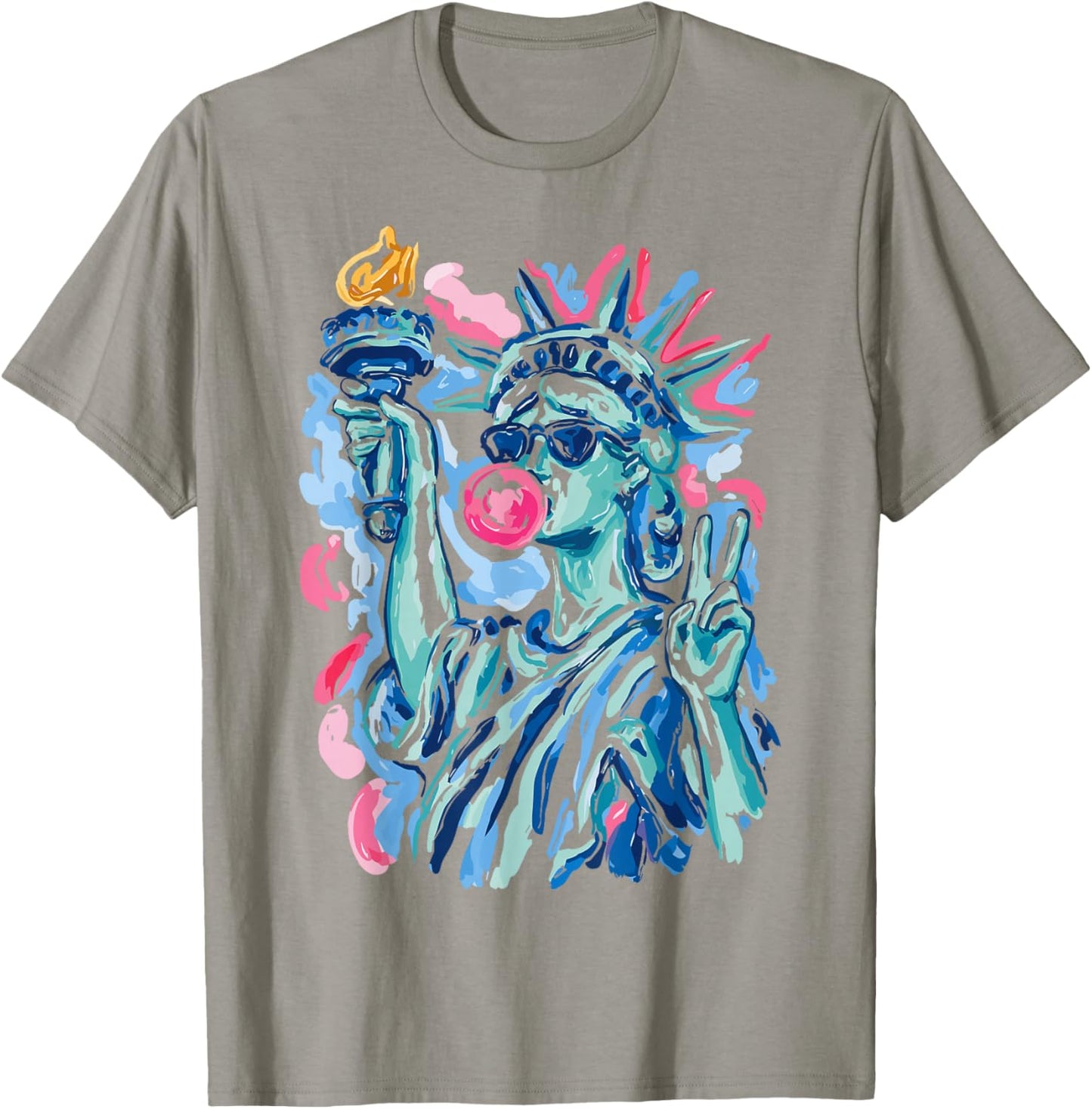 Statue of Liberty Blowing Bubble Gum Patriotic 4th of July T-Shirt - T-Shirt | Sand