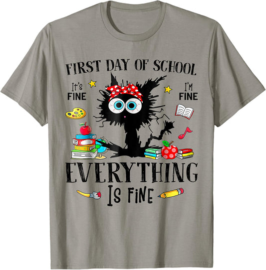 First Day Of School Back To School Teacher & Kids Funny Cat T-Shirt - T-Shirt | Sand