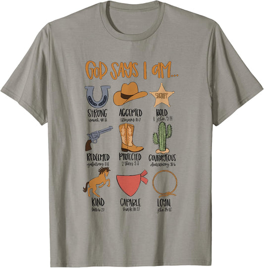 God Says I Am Western Cowboy Bible Verse Christian Religious T-Shirt - T-Shirt | Sand
