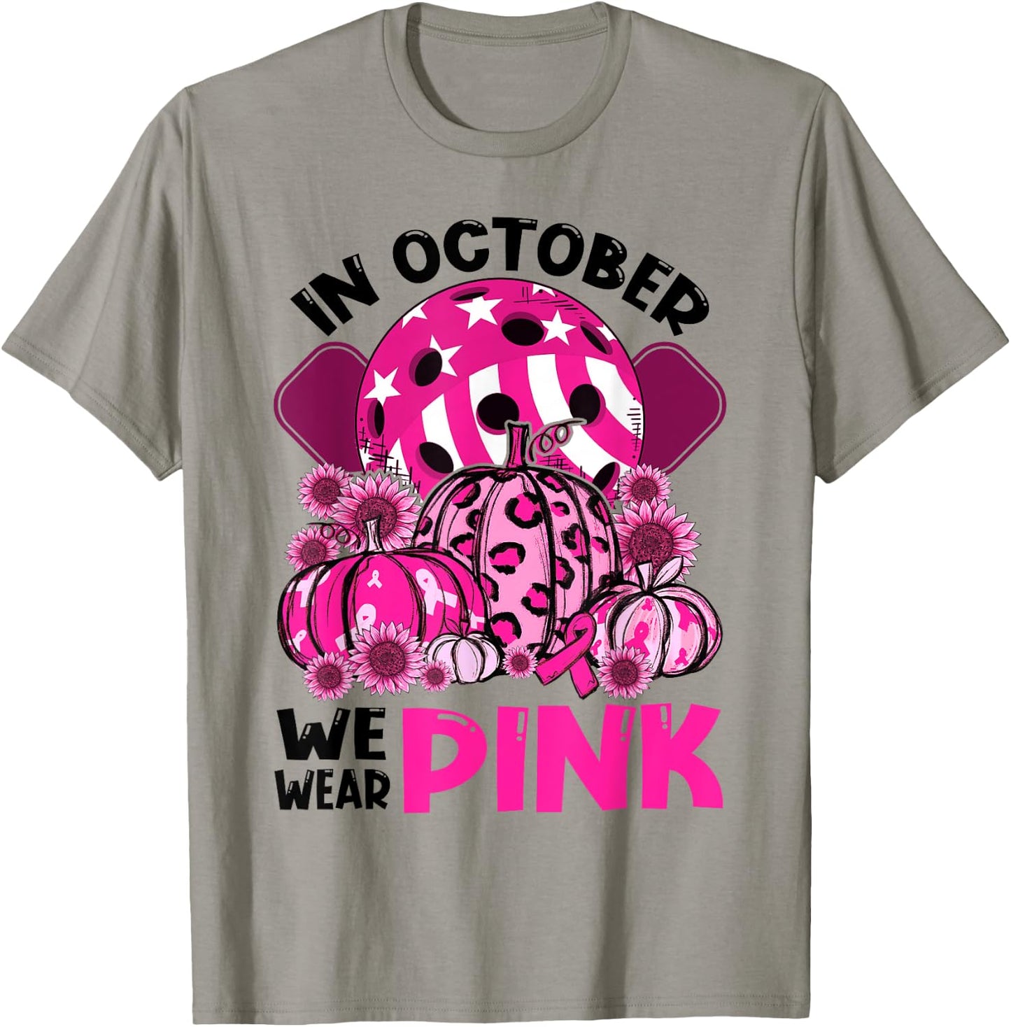 October We Wear Pink Pickleball Ball Pumpkins Breast Cancer T-Shirt - T-Shirt | Sand
