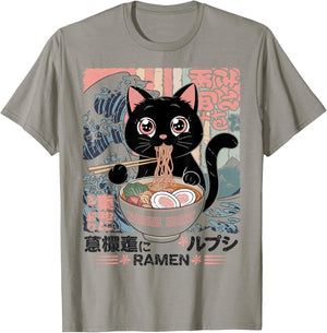 Cute Black Cat Eating Ramen Bowl T-Shirt - T-Shirt | Sand