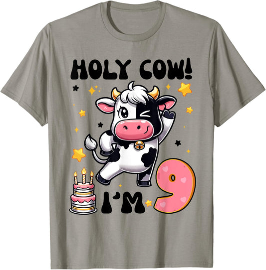 Holy Cow I'm 9 Years Old Boys Girls Kids 9th Birthday Cow T-Shirt - T-Shirt | Sand