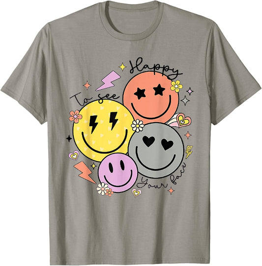 Groovy Happy To See Your Face Teacher First Day Of School Women Kids T-Shirt - T-Shirt | Sand