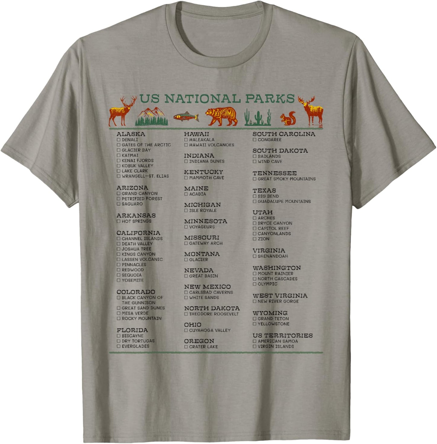 US National Parks List by State Check Off Checklist Souvenir T-Shirt - T-Shirt | Sand