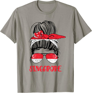 Singaporean Girl Messy bun Kids Women Singapore flag Vintage T-Shirt - T-Shirt | Sand